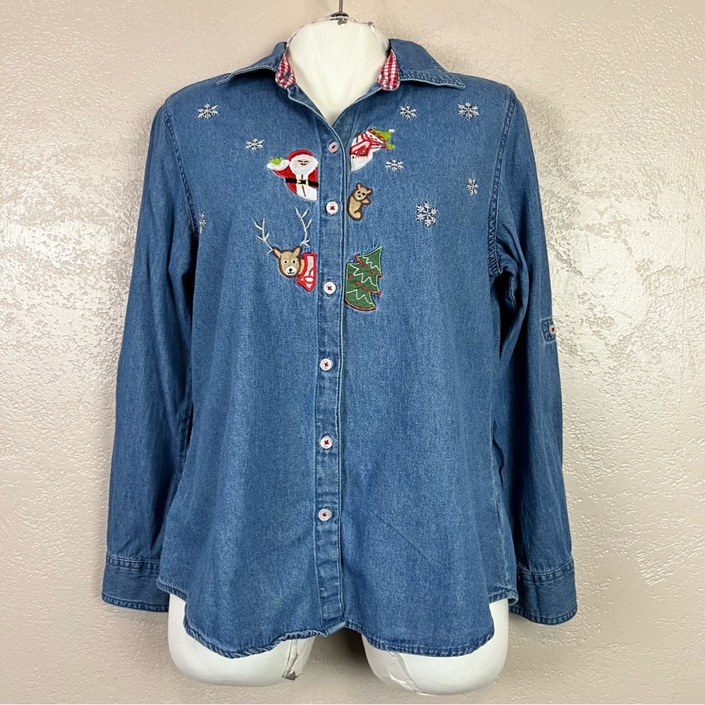 White Stag Blue Denim Shirt Roll Tab Sleeves Santa Snowman flakes‎ Misses M